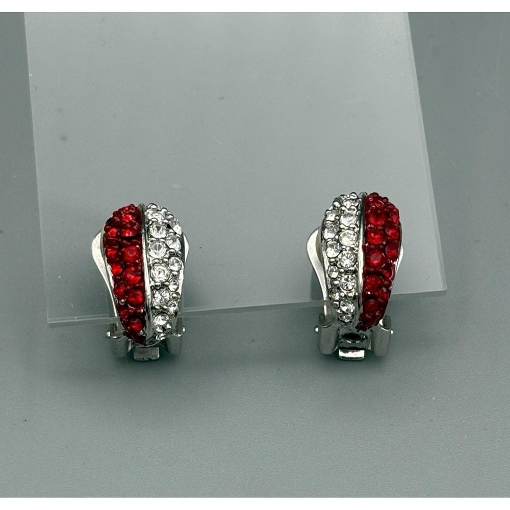Vintage Nolan Miller Crystal Earrings Hoops Red & White Clip Ons Holiday